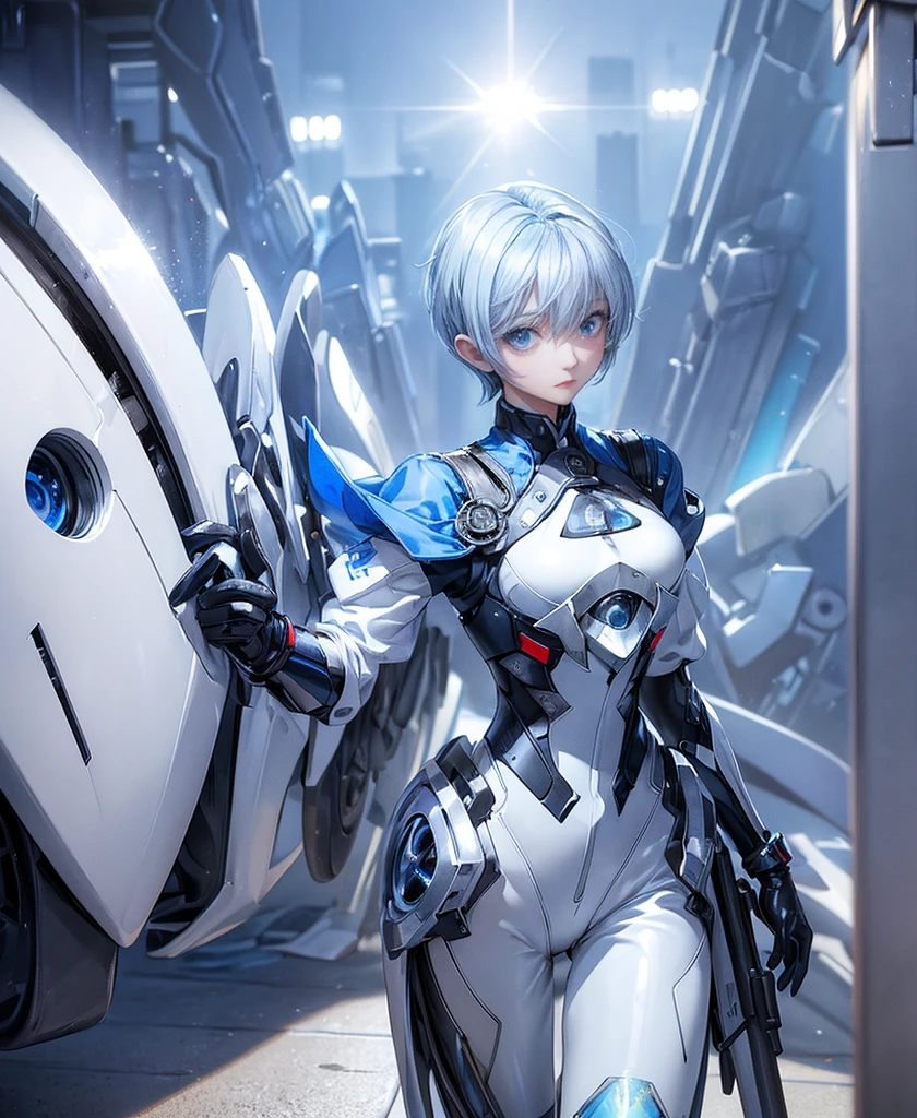 ((Holographic glow effect)),((4K Works))、masterpiece、(Highest quality)、One beautiful girl、The body is slim、expensive、((Blue shirt and white pants、Charming street style))、Please wear a cropped jacket、(Beautiful eyes in every detail)、Kneel、((short-haired gray hair))、((Makes your face smaller))、((Neutral face))、((Bright Blue Eyes))、((Adult female, 2))、((Cool woman))、((Like a celebrity))、((Korean Makeup))、((elongated and sharp eyes))、((boyish))、Professional photos、((Model Photo))、((Look up at the sky))、((Shooting from behind))、((She is looking upwards))、((Her eyes are looking up))、((Increase the angle of the face))、((She is walking in front of the viewer))、(Neckline), Elbow-length gloves、Knee-high boots、Polished floor