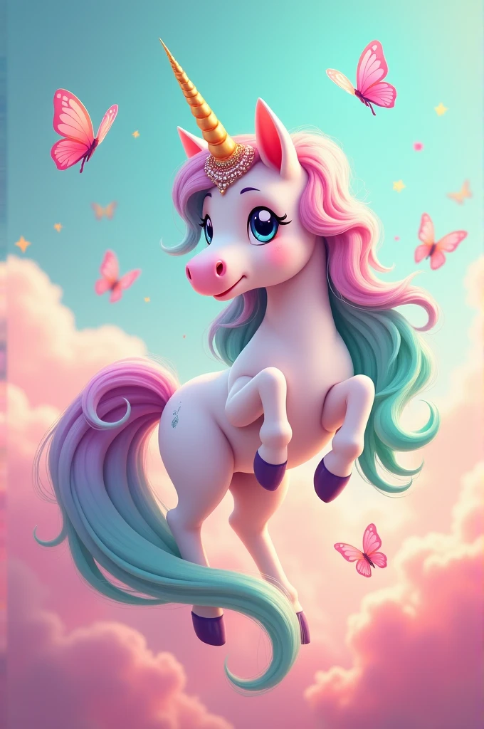 Cute unicorn with long pink and aqua green mane with colorful butterflies and crown , waving above pink and orange clouds with glitter