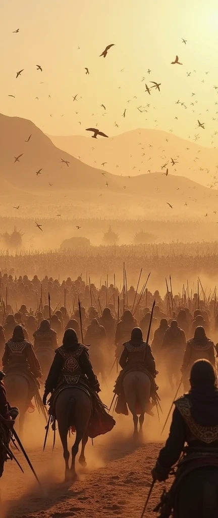 thousands of arabs wearing ancient armor attacking each other on the battlefield, desert desert background