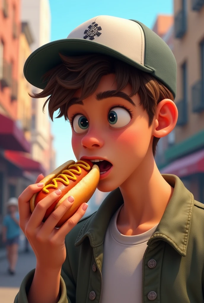 A young man with a cap and a hot dog
