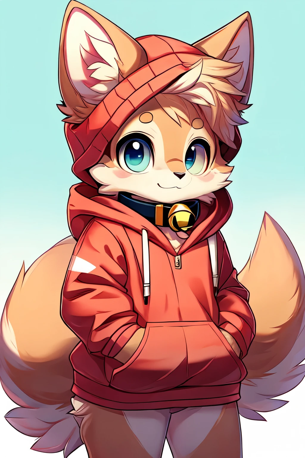 Create an image of a furry femboy character with a similar style to the provided reference. The character should have soft, fluffy fur, large expressive eyes, and a shy or cute pose. The character wears a cozy hoodie and has a bell collar around their neck. The character's fur is primarily light-colored with some pinkish or reddish accents, and they have a fluffy tail. Ensure the style is cute and anime-inspired, with pastel colors and soft shading.