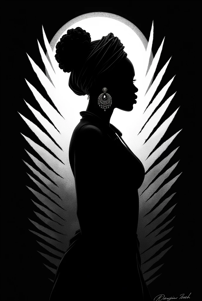 Create a 2d drawing, woman silhouette in profile, black, faceless quilombola, wearing turban, warrior pose, big earrings. Background with aligned triangles.