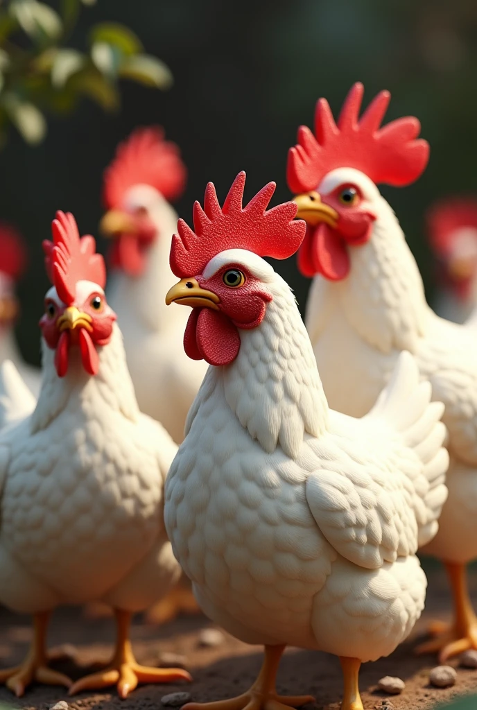 white hens, red crest, several, realism