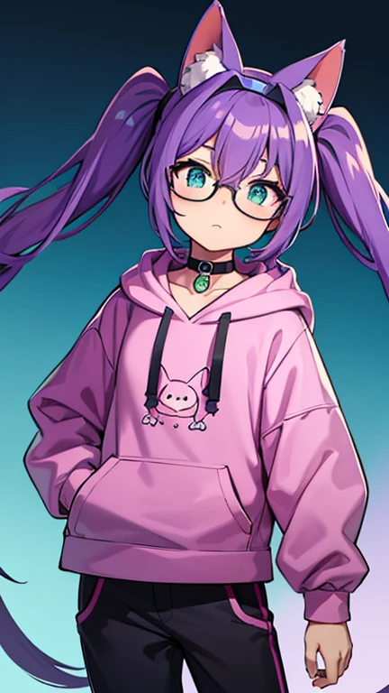 A single cartoon-style character with the following characteristics: light skin tone, long purple hair styled in two high pigtails with bangs. The character is wearing a teal and dark blue gradient hoodie with a front pocket and long sleeves, along with dark pants. The character has large green eyes, is wearing round glasses with black frames, and has pink cat ears on a headband. The character also wears a choker around the neck. The overall appearance is playful and stylish, with a youthful and vibrant aesthetic. The character should be centered in the image, with no duplicates.