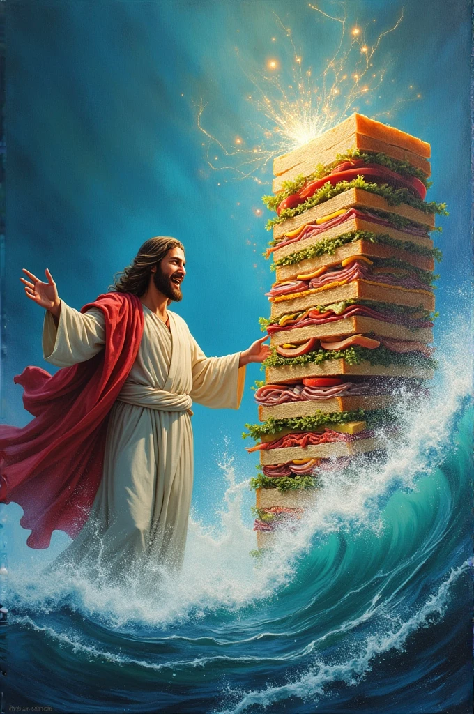 Jesus fighting with a sandwich in the middle of the sea
