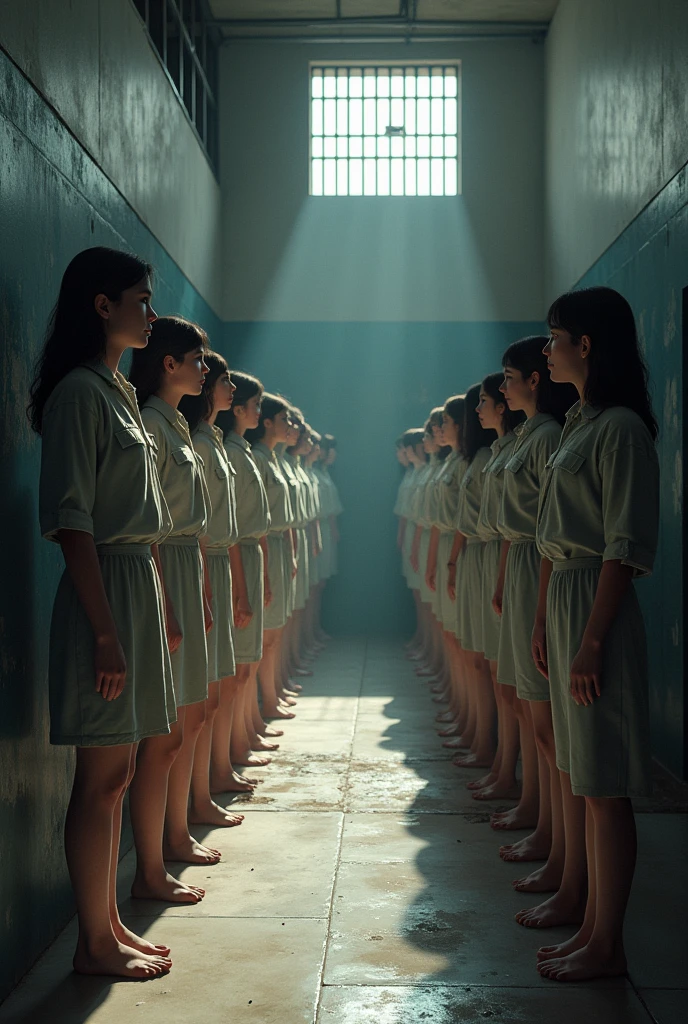 100 filles en uniforme de prison pied nue en prison