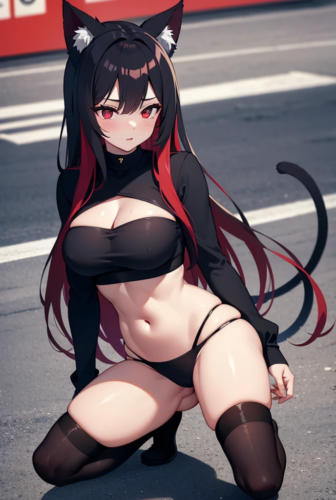 Young woman, sexy, gorgeous figure, pop, Bright Red Eyes, long hair, cat ears, black top, Black panties, On the street, sports