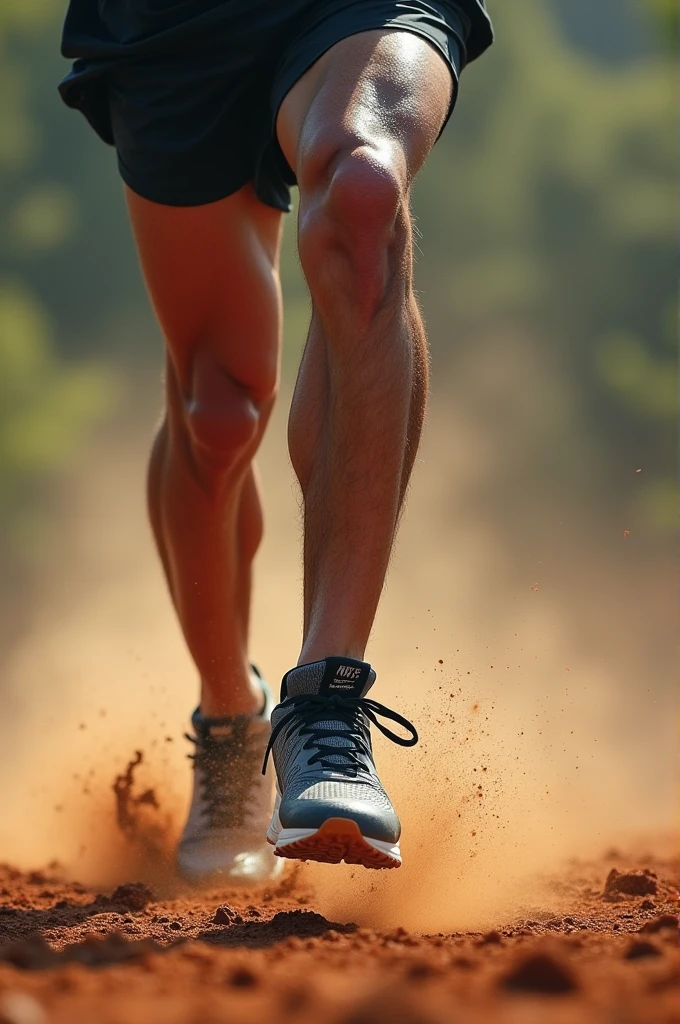 Scene opens with a close-up of a pair of Nike sneakers hitting the ground, dirt flying as they land. The camera slowly pans up to reveal an athlete, drenched in sweat, mid-run. The sound of their steady breathing and rhythmic footsteps fills the air.]
