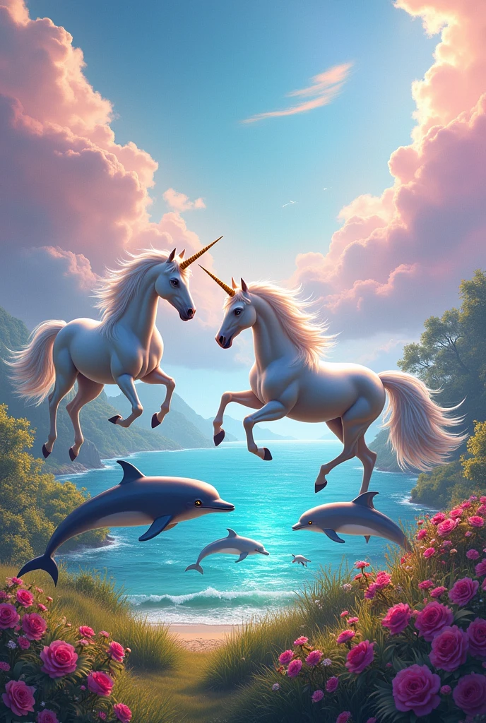 Unicorns, dolphins , Mar , rainbow, flores, clouds , colores en las clouds