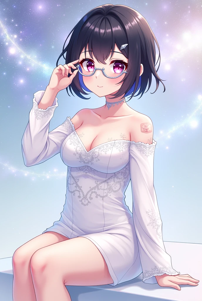 To describe Vivya "Left Hand" with style *genshin impact* and updated features, Here is the revised visualization:
1. **Cosmic Dimension**:
- **Background**: Stick to soft cosmic backgrounds with nebula-like effects., galaxy, and shining stars, using colors like light blue, lavender, and silver white.
2. **Appearance**:
- **Hair**: Vivya has short, shiny, jet black hair., with style yang rapi dan sedikit bergelombang pada ujungnya untuk menambah kesan imut. Hairnya dapat diatur dengan beberapa poni kecil yang menambah kesan manis.
- **eye**: eye Vivya berwarna merah muda cerah, big, and expressive, gives a cheerful and attentive impression. eye ini bisa memiliki kilauan atau efek cahaya lembut untuk menonjolkan keindahannya.
- **clothes**: Vivya wears a dress or robe with an elegant design but with a sexy touch., like a dress with a body-flattering cut and subtle cosmic details. Pilih warna lembut seperti putih dan biru pastel dengan aksen bintang atau pola galaxy.
3. **face**:
- **expression**: expression wajah Vivya harus imut dan ceria, dengan mata big dan senyum lembut yang menambah daya tariknya. expression ini sebaiknya mencerminkan sifatnya yang ramah dan penuh perhatian.
- **glasses**: glasses Vivya dapat memiliki desain yang elegan dengan bingkai halus, silver or white with a soft shimmering effect. This adds a smart and fashionable impression..
4. **Accessory**:
- **symbol**: glasses dapat memiliki detail kecil yang terinspirasi oleh elemen kosmik, dan gaunnya dapat dihiasi dengan aksen lembut seperti bintang atau pola galaxy.
5. **Posture**:
- **pose**: Vivya should be depicted in a cheerful and charming pose., seperti sedang duduk with style santai atau berdiri dengan satu tangan di pinggul dan senyum menawan. pose ini menekankan keseimbangan antara sifat imut dan seksi.
- **Aura**: Add