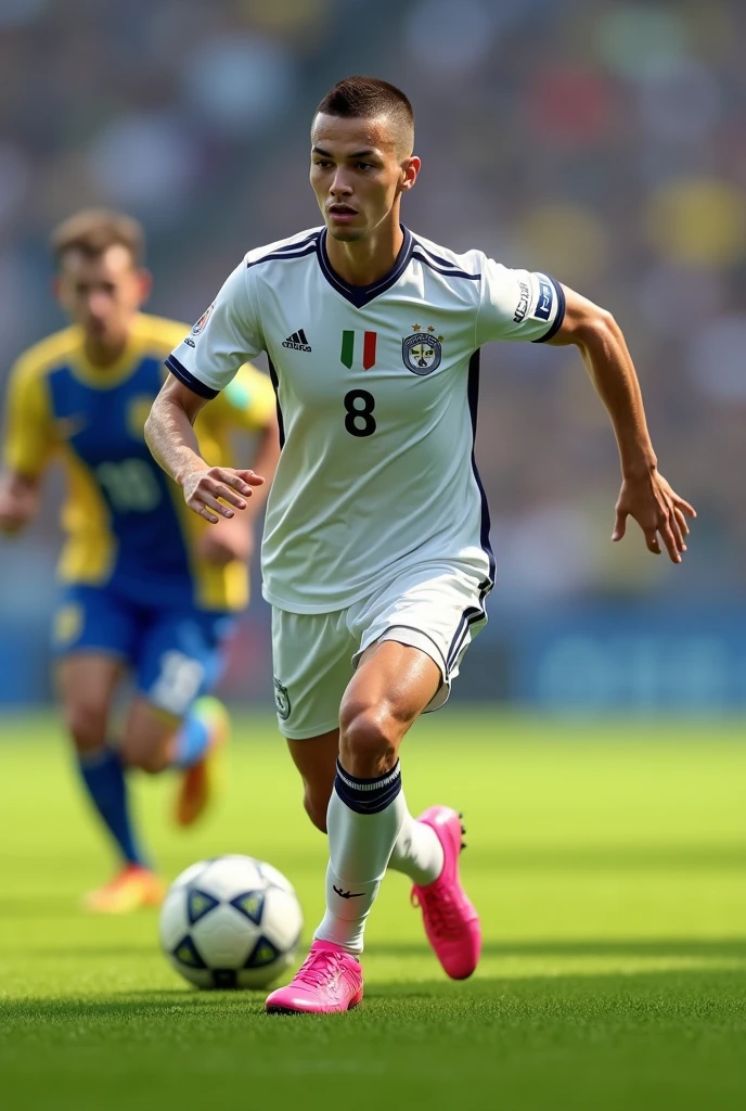 A soccer player wearing a white number 8 jersey, very short hair, wearing a blue team jersey with yellow stripes, brown eyes, pink boots, Realistic