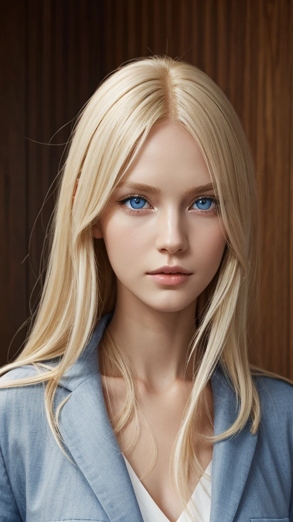 Tall girl and slender, blonde hair, blue eyes, fair skin, Nordic elegance make it realistic