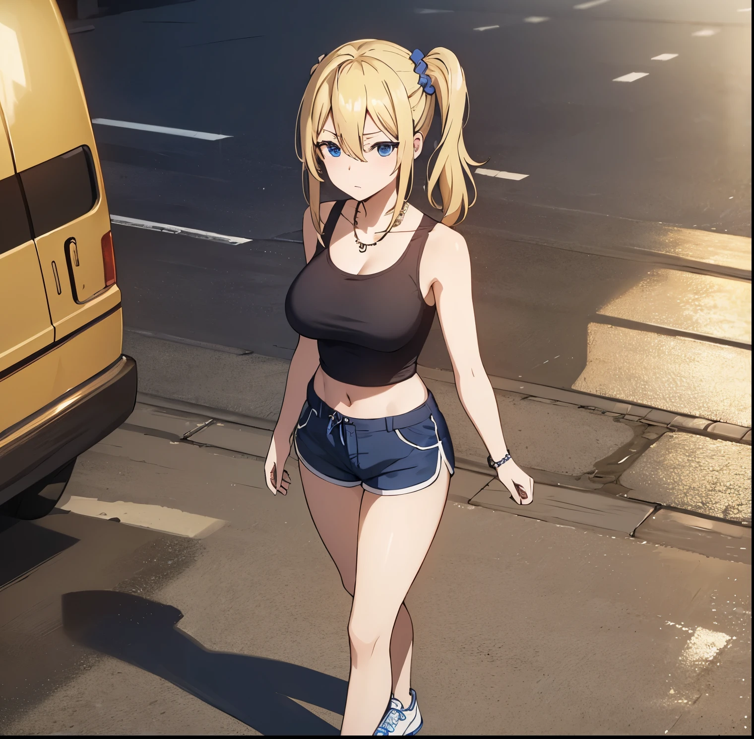 masterpeace, best quality, high resolution, 1 girl, solo, hayaska ai, tank top, black shirt, waist naked, blue shorts, tight shorts, white stockings, black sneakers, side ponytail, hair between eyes, blue eyes, blonde hair, hair ornament, large breasts, medium waist, wide hips, medium thighs, butt round, hair scrunchie, bangs, long hair, side strands, necklace, collarbone, jewelry, city, street, sunny, good lighting, walking down the street, looking at viewer, head on, pov(from above), perfect anatomy perfect hands