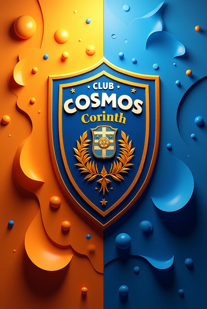 A background with bright orange and blue colors and the shield of the "Club Cosmos Corinth" of baby soccer Uruguay