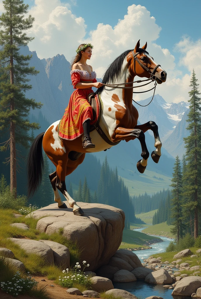 masterpiece, best quality, ultra detailed, detailing, wallpaper, super high resolution, Realism, view from afar from above you can see both rocks, a cheerful
Slavic woman, 20 years old, Slavic Christian bright multi-colored clothes of 1880, sits on a horse, the horse carried her and ran and jumps from the highest rock to the rock,
a wreath of snowdrops in her hair, the horse's coat is dapple, in the background is a pine forest, a river, mountains covered with snow,
Style - Ivan Shishkin