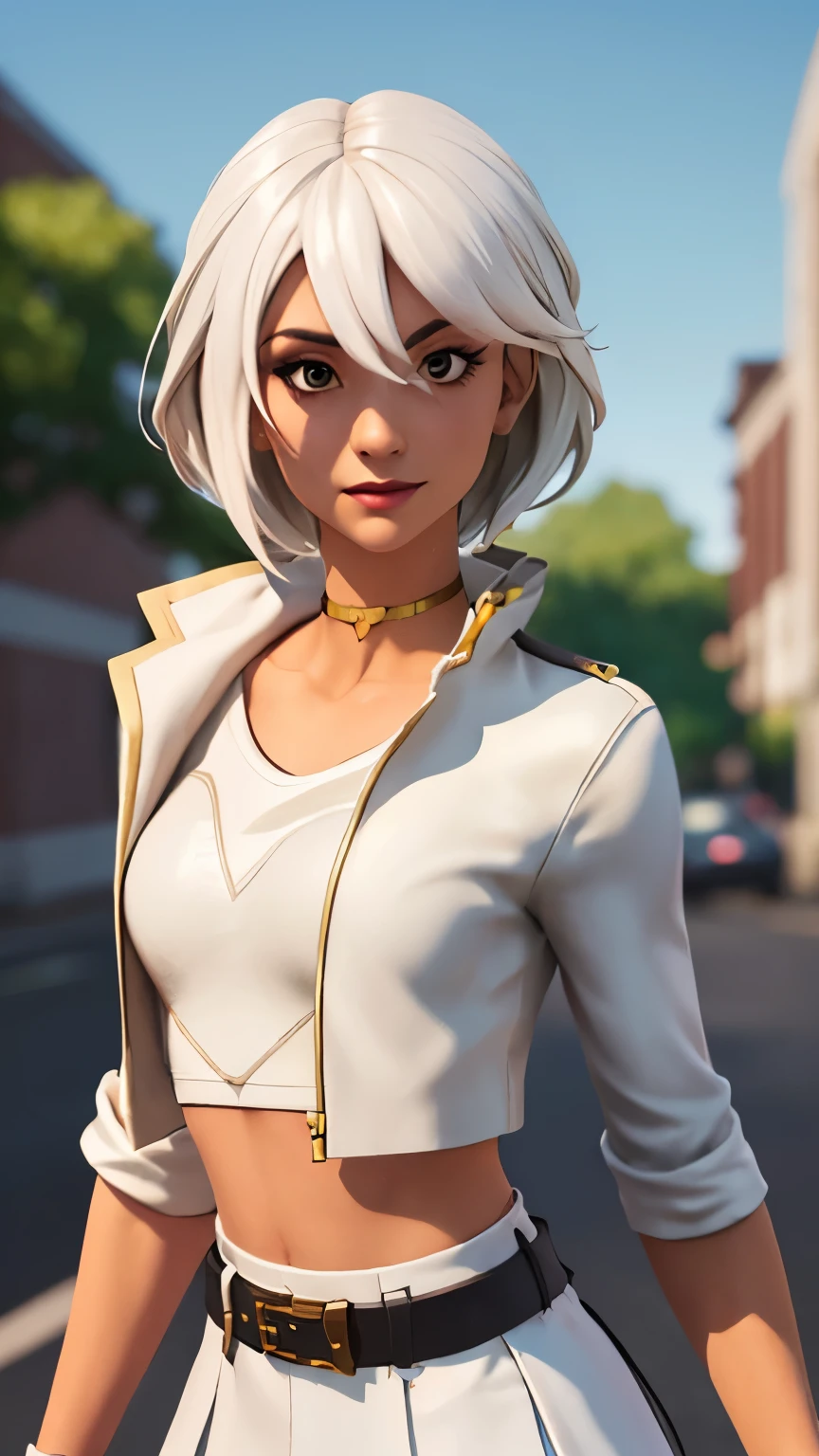 City background, 1girl, solo, HeroicHopeFN, Heroic Hope from fortnite, (crop top, white top, open clothes), (jacket crop top, white jacket, jacket loose), fingerless gloves, white skirt, miniskirt, belt, white hair, short hair, lipsticks, smirk, heart, upper body, looking at viewer,