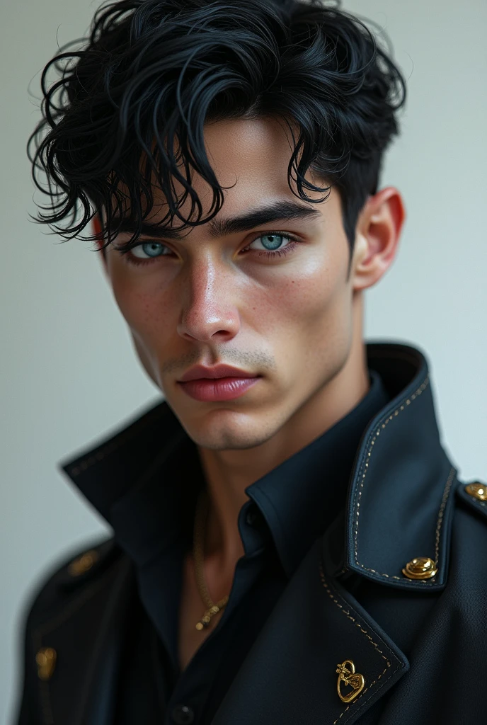 A very handsome young prince with black hair, blue eyes and a scary look. He should look harder, look sharp, have a young beardless face and sharp and deep looks.