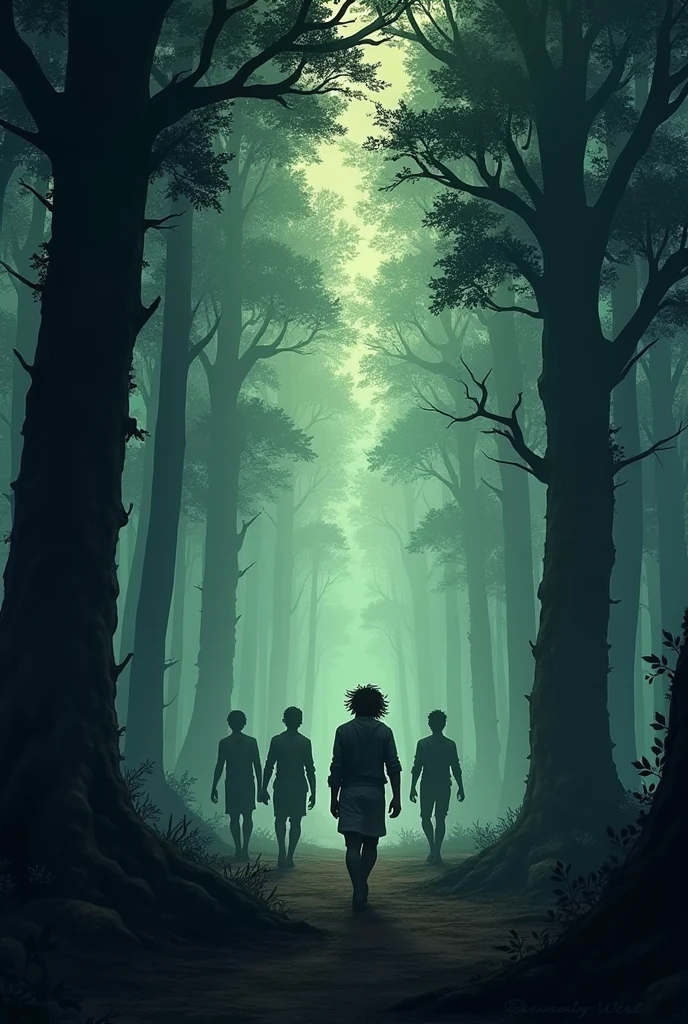 *A dense, ancient forest at dusk, with tall, shadowy trees and an eerie atmosphere, as a group of young men, including Siddhant, venture deep into the forest, ignoring the warnings from the villagers.*