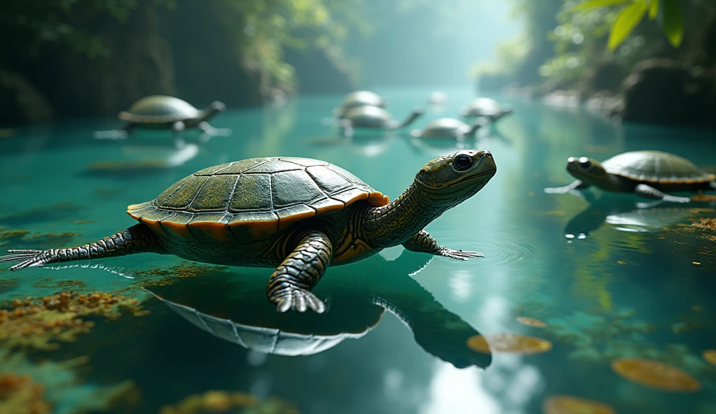There are many turtles with bird-like heads and snake-like tails growing at the bottom of the river.(best quality，4K，8k，High level，masterpiece：1.2），Ultra Detailed，（lifelike，Photo real，Photo real：1.37）