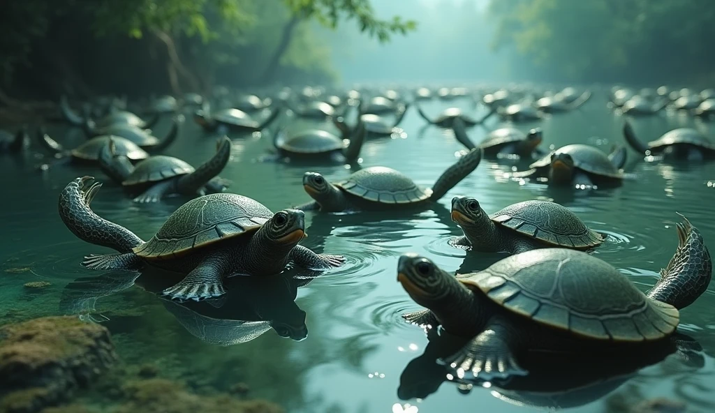There are many turtles with bird-like heads and snake-like tails growing at the bottom of the river.(best quality，4K，8k，High level，masterpiece：1.2），Ultra Detailed，（lifelike，Photo real，Photo real：1.37）