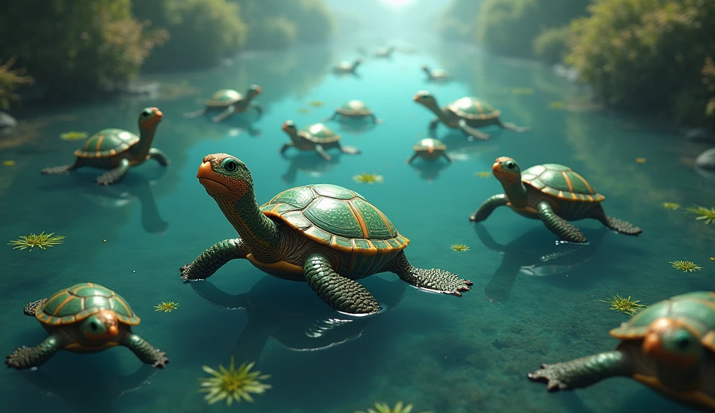 There are many turtles with bird-like heads and snake-like tails growing at the bottom of the river.(best quality，4K，8k，High level，masterpiece：1.2），Ultra Detailed，（lifelike，Photo real，Photo real：1.37）