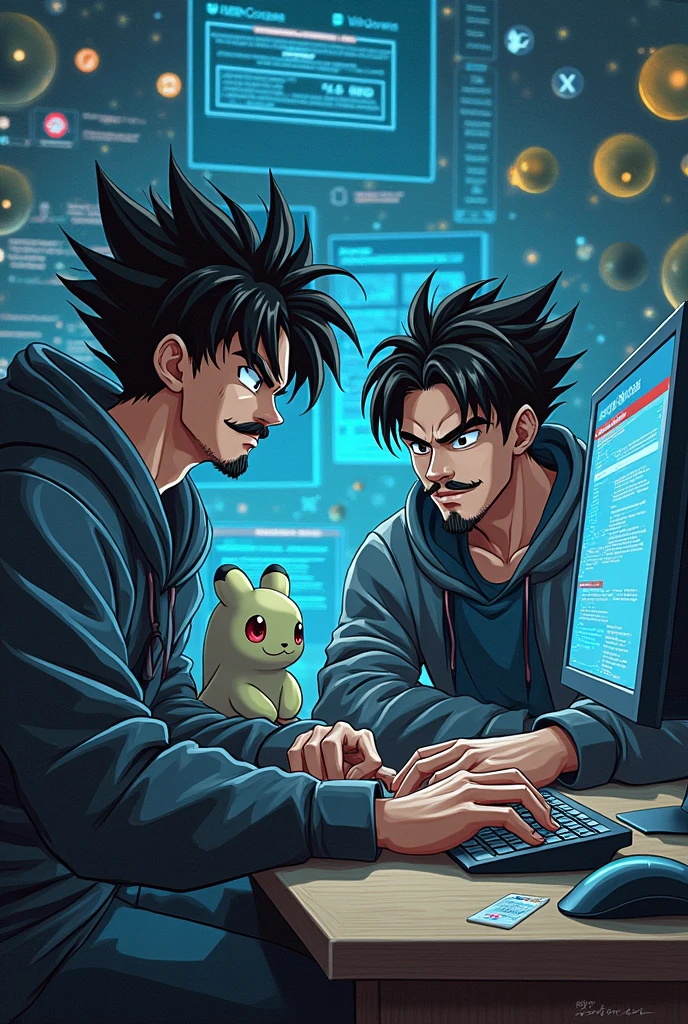 two adult brothers in dragon ball style with pokémon but one has a mustache and the other has a beard with dark clothes using a computer also insert computing and windows , have computer science in the background