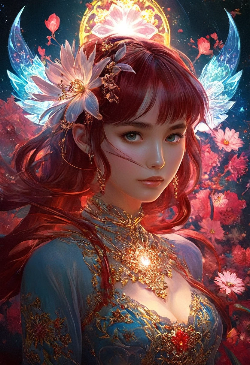 (masterpiece, Highest quality, Highest quality, Official Art, beautifully、aesthetic:1.2), (One girl:1.3), (Fractal Art:1.3), card, Tarot, ruby Hair, Twin Blade, Hair Flower, (Good lighting:1.1), ((High resolution)), Tarot card style