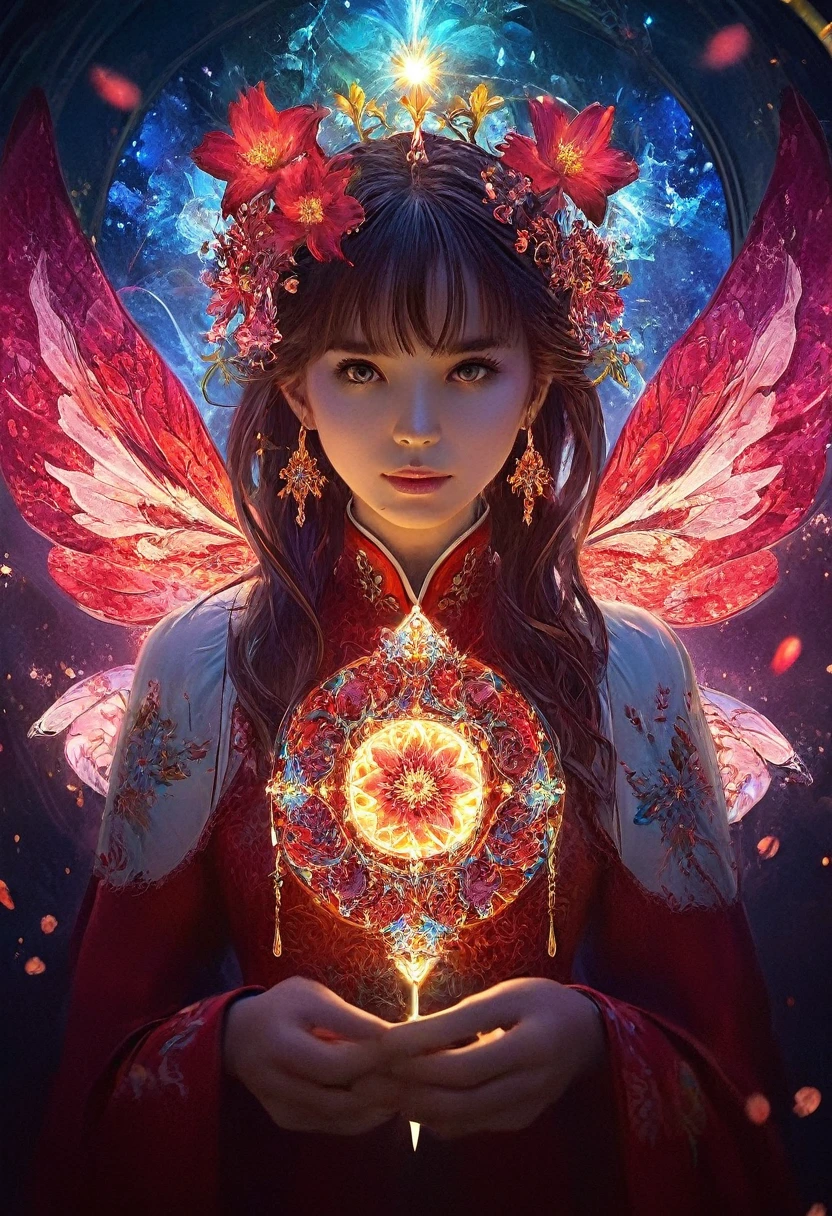 (masterpiece, Highest quality, Highest quality, Official Art, beautifully、aesthetic:1.2), (One girl:1.3), (Fractal Art:1.3), card, Tarot, ruby Hair, Twin Blade, Hair Flower, (Good lighting:1.1), ((High resolution)), Tarot card style