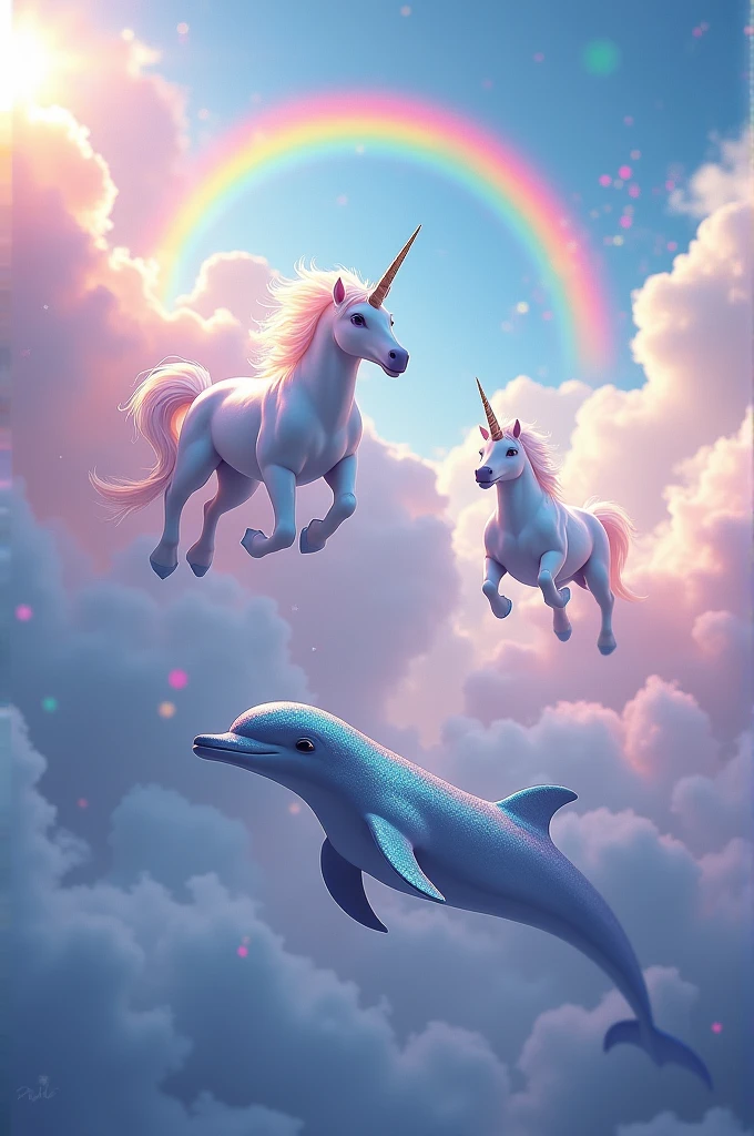 Dolphins in the clouds with rainbows and unicorns with rainbows