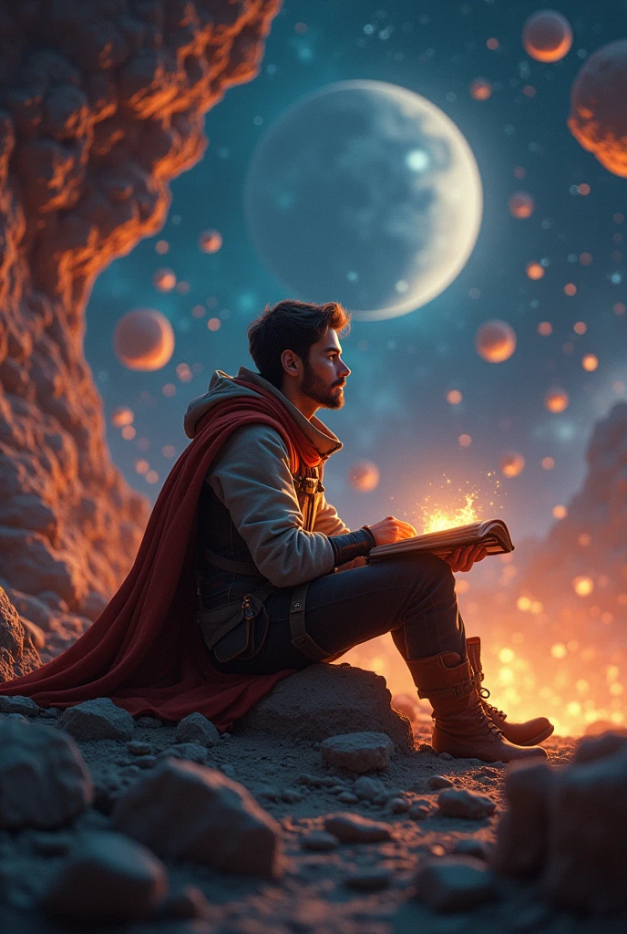 Desenhe um jovem programador, sitting on a research platform floating in the middle of an asteroid belt. He is studying with a notebook, surrounded by several asteroids glowing with fiery auras. Dramatic lighting from distant stars and planets illuminates the scene, casting deep shadows on the costume. O jovem parece confiante e determinado, looking at the vast and mysterious universe with awe and respect,facial hair, cowboy shot,