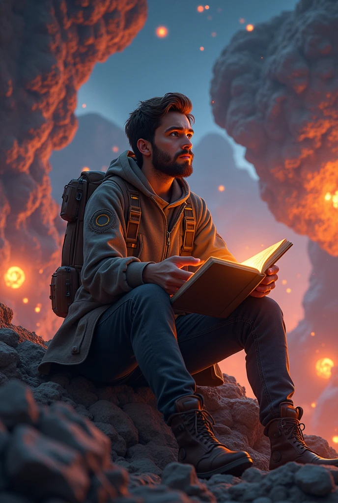 Desenhe um jovem programador, sitting on a research platform floating in the middle of an asteroid belt. He is studying with a notebook, surrounded by several asteroids glowing with fiery auras. Dramatic lighting from distant stars and planets illuminates the scene, casting deep shadows on the costume. O jovem parece confiante e determinado, looking at the vast and mysterious universe with awe and respect,facial hair, cowboy shot,