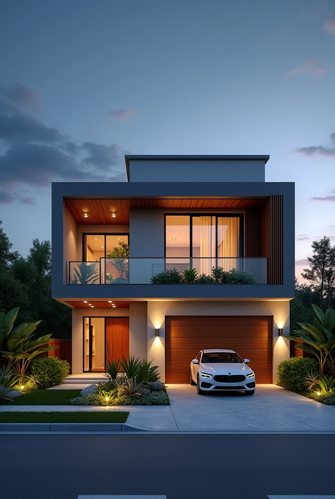A modern two-story home with a contemporary and elegant design. The facade is composed of straight lines and geometric volumes, using a neutral and earthy color palette, like gray, beige and brown. The upper floor features large glass windows, framed by vertical wooden elements that provide a touch of sophistication and naturalness. There is a balcony on the upper floor, with green plants adding a touch of nature and life to the design.Lower Floor Elements: On the lower floor, the house has a spacious garage on the right, with a modern car parked. Next to the garage, there is a large wooden entrance door, located under a roof that integrates the entrance and the garage. Recessed lighting in the garage roof and upper balcony highlights the textures of the materials and creates a warm and sophisticated atmosphere at night..landscaping: The garden in front of the house is carefully planned, with tropical plants, like palm trees and green bushes, that line the driveway and around the house. Decorative stones and green grass add a touch of freshness to the outdoor environment.Scenario: The house is located in a quiet residential area, with a paved street in front. The sky in the background is dusk, with a deep blue mixed with the soft glow of the sunset, creating a beautiful and dramatic contrast with the artificial lighting in the house.