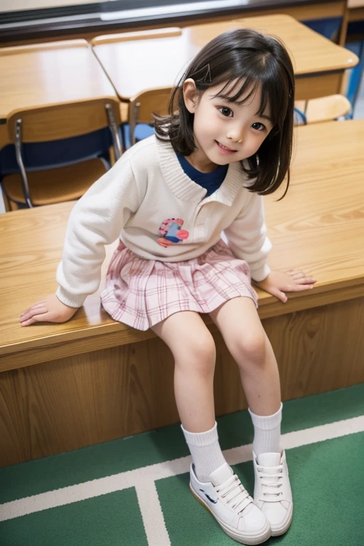 Cute and lovely elementary school first grade girl pretty face full body sitting full picture little kid sexy
