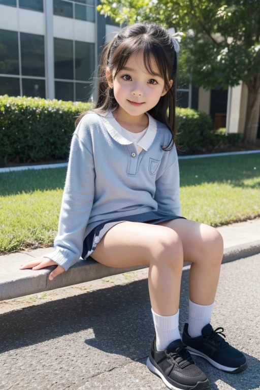 Cute and lovely elementary school first grade girl pretty face full body sitting full picture little kid sexy