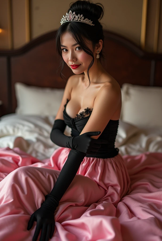 1girl, in a pink very sexy silk long skirt, black gloves,flirty smile,sexy look,silk fabric,bedroom, silk bedding, bun, very detailed lips and eyes, tiara, tied_wrist