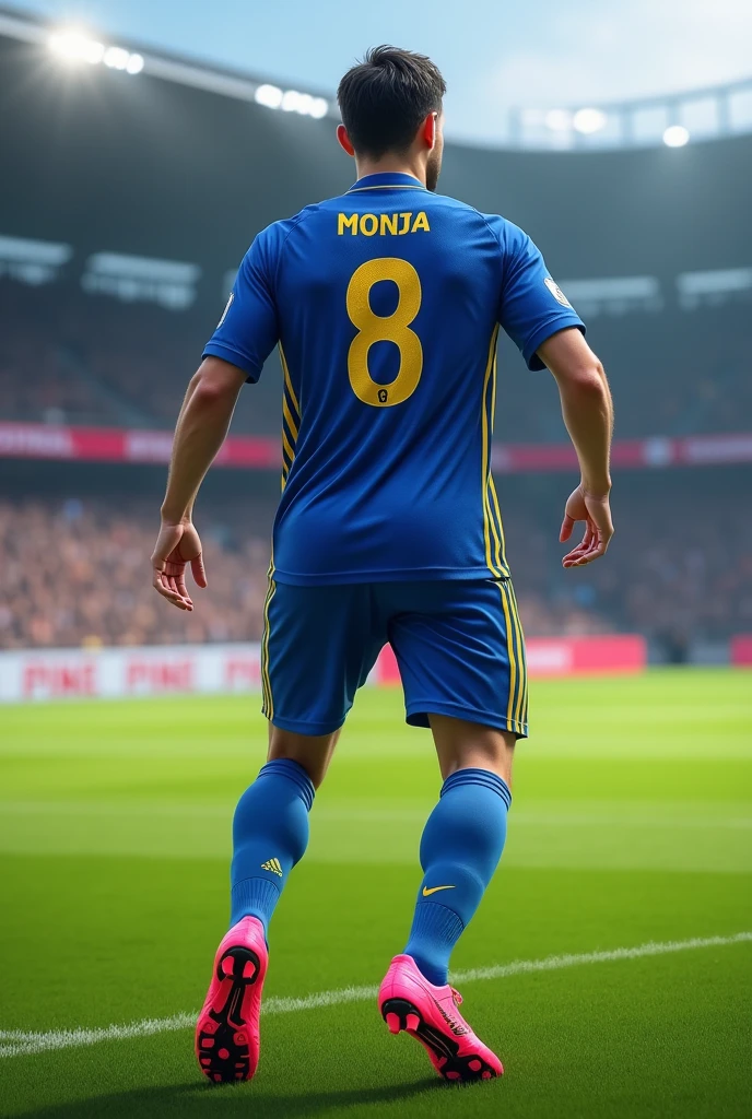 A soccer player wearing a white number 8 jersey, short hair, wearing a blue team jersey with yellow stripes, brown eyes, pink boots, Realistic