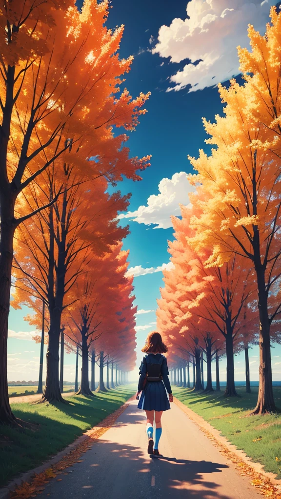 Solo girl, walking on a rainbow coloured road, autumn trees, vibrant sky, navy blue and orange color light clouds, anime, super detailed. 