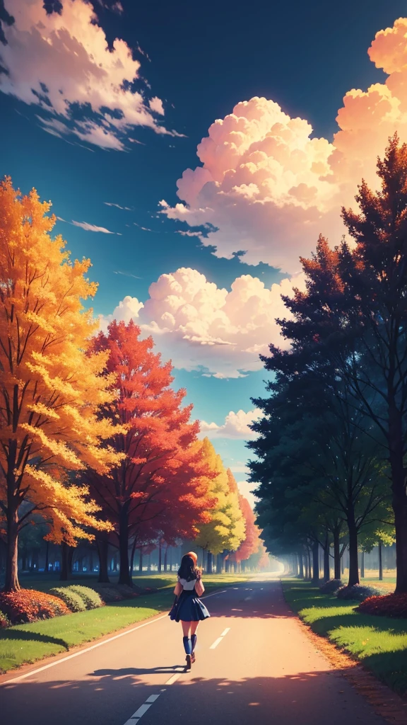 Solo girl, walking on a rainbow coloured road, autumn trees, vibrant sky, navy blue and orange color light clouds, anime, super detailed.