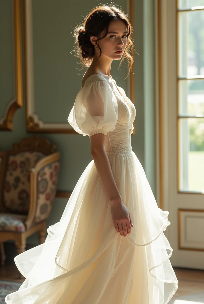 Dress with puffy sleeves, antique style, with light drape, in white color