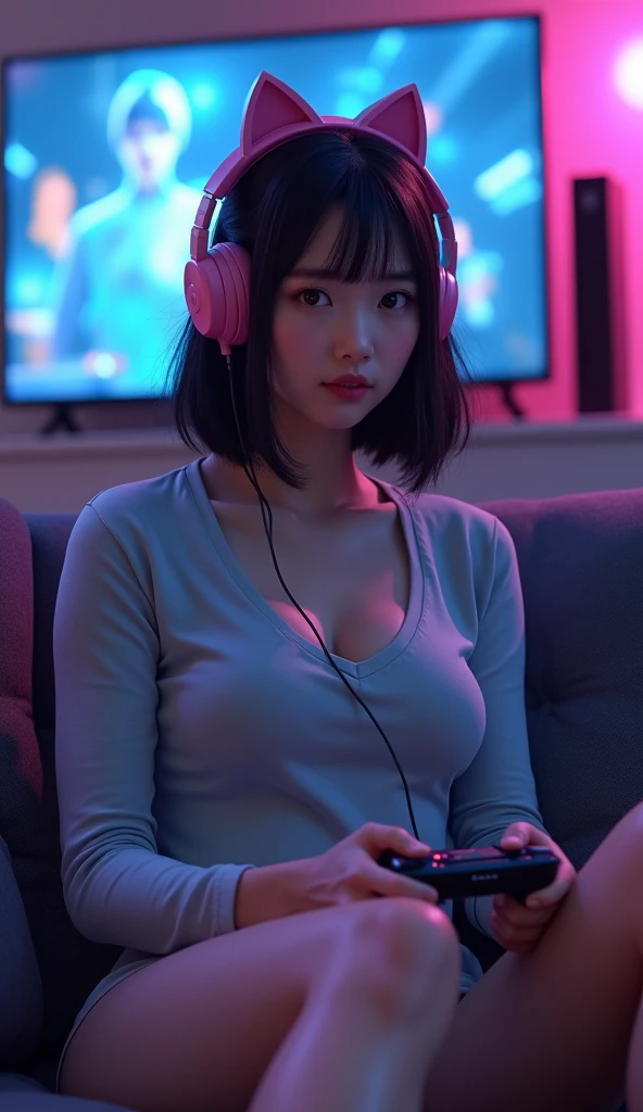 1girl,solo,27years old, realistic skin, 165cm height,57kg weight,bob hair,japanese,Rough skin,(looking at viewer:1.2),playing game,on a couch,wireless pink head set with kitty ears on it,cleavage,no pants,curvy,beautiful face,beautiful,master priece,photo realistic,,figures in the background,blue and purple neon lights in the background,tight slim fit long sleeve t-shirt,gamer vibe lights,glasses,no bra,no one in the background, show panties,no anime style,no 3d,super realistic,game pad in a hand