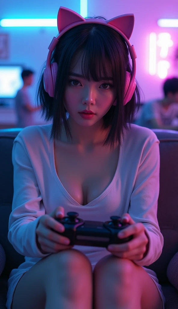 1girl,solo,27years old, realistic skin, 165cm height,57kg weight,bob hair,japanese,Rough skin,(looking at viewer:1.2),playing game,on a couch,wireless pink head set with kitty ears on it,cleavage,no pants,curvy,beautiful face,beautiful,master priece,photo realistic,,figures in the background,blue and purple neon lights in the background,tight slim fit long sleeve t-shirt,gamer vibe lights,glasses,no bra,no one in the background, show panties,no anime style,no 3d,super realistic,game pad in a hand