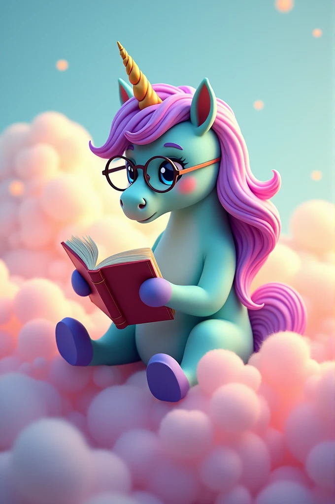 Cute aqua green unicorn with long purple and pink mane wearing glasses holding book on top of pink and orange clouds.