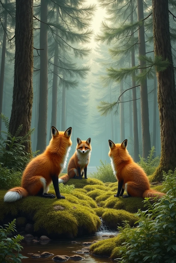 Very realistically depict the taiga forest, and in the forest instead of bears there are foxes,
based on Shishkin's painting "Morning in the pine forest"
