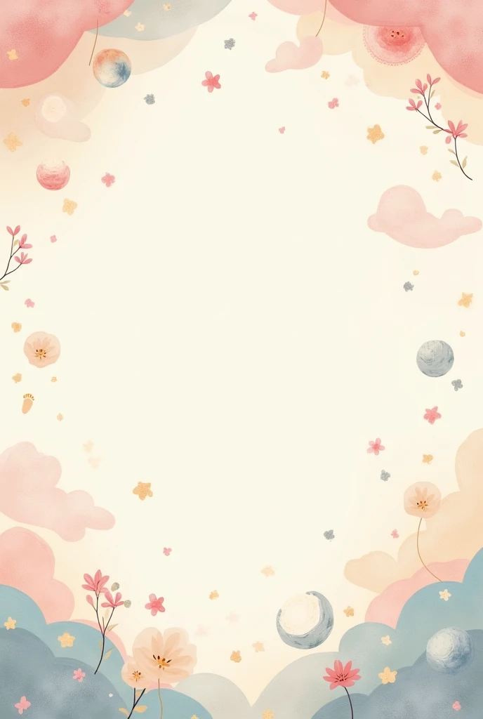"Design a series of background mock-ups for a prenatal theme, suitable for use in a baby book or prenatal journal. Each background should evoke a sense of warmth and calmness, featuring soft pastel colors. Include subtle, delicate elements such as fluffy clouds, gentle waves, or floral patterns to symbolize growth and new beginnings. Add tiny, charming details like baby footprints, pacifiers, or tiny hearts scattered across the page. Ensure the designs are gentle and soothing, with soft gradients and smooth edges, creating a peaceful and nurturing atmosphere."