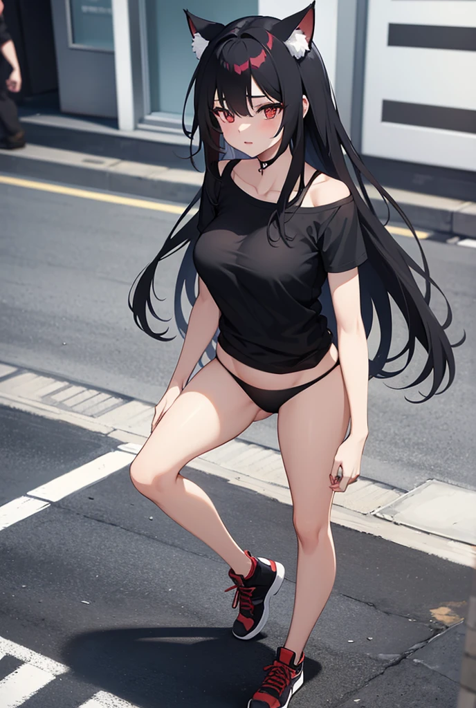 Young woman, sexy, gorgeous figure, pop, Bright Red Eyes, long hair, cat ears, short black top, Black panties, On the street, sports