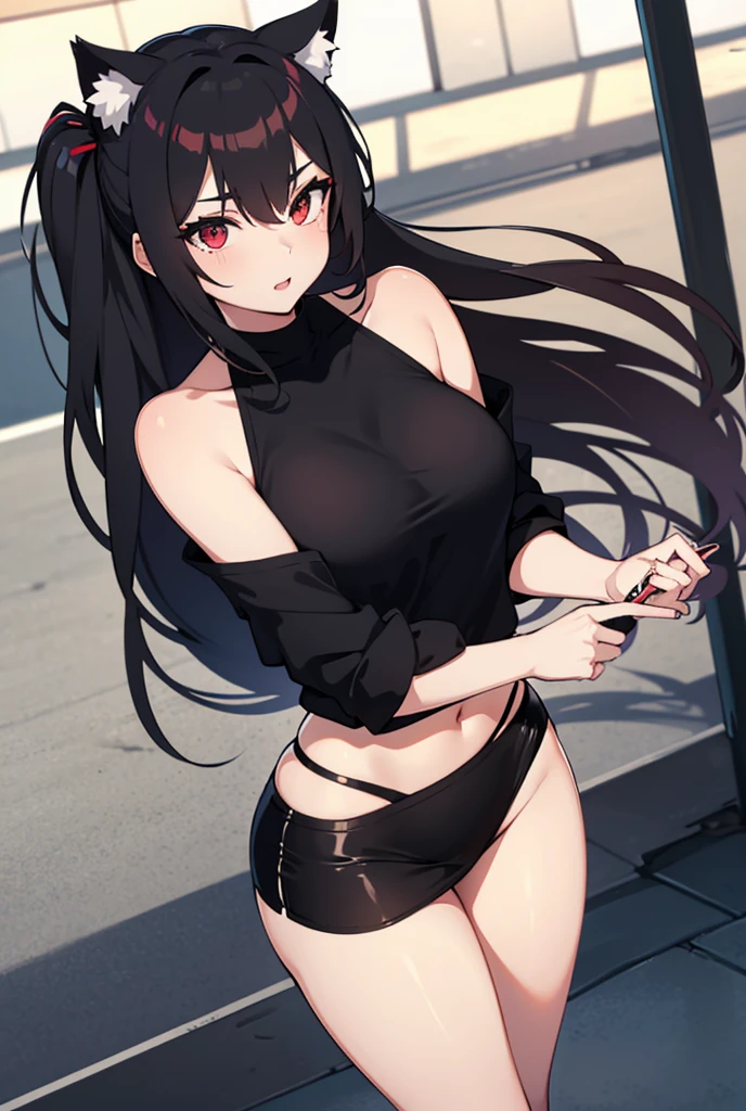 Young woman, sexy, gorgeous figure, pop, Bright Red Eyes, long hair, cat ears, short black top, Black panties, On the street, sports