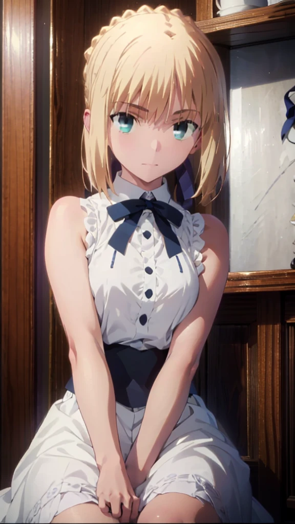 Highest quality, masterpiece, High resolution, alone,whiteいドレスの女の子1人,, only_shoulder, , white_skirt,Yellow Hair ,, Strapless, Large breasts,Things to know,Blue ribbon