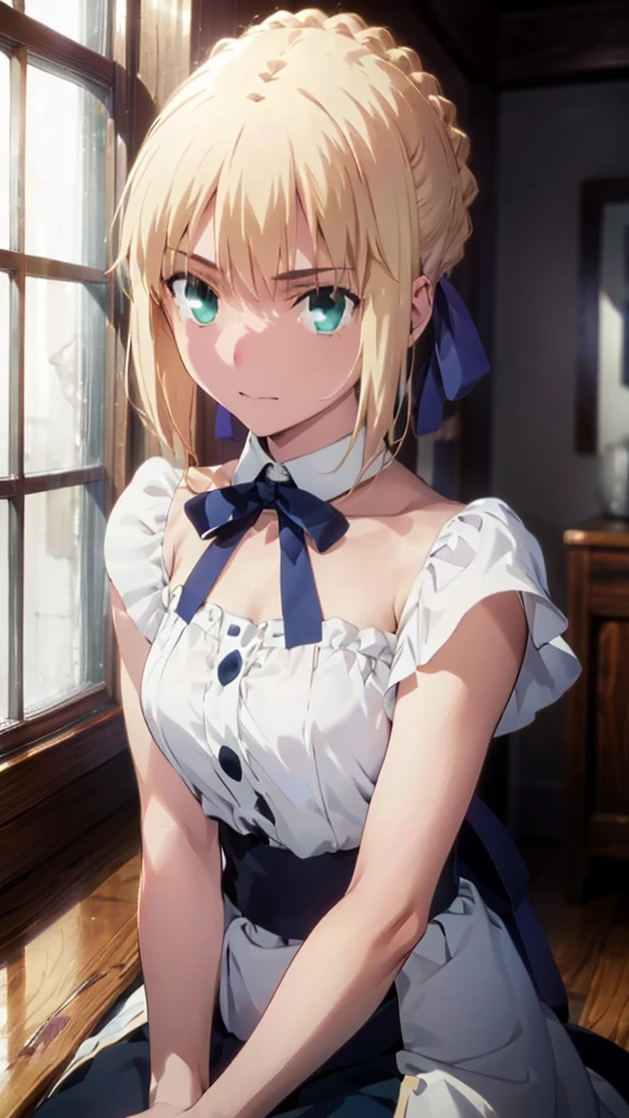 Highest quality, masterpiece, High resolution, alone,whiteいドレスの女の子1人,, only_shoulder, , white_skirt,Yellow Hair ，, Strapless, Large breasts，Things to know，Blue ribbon
