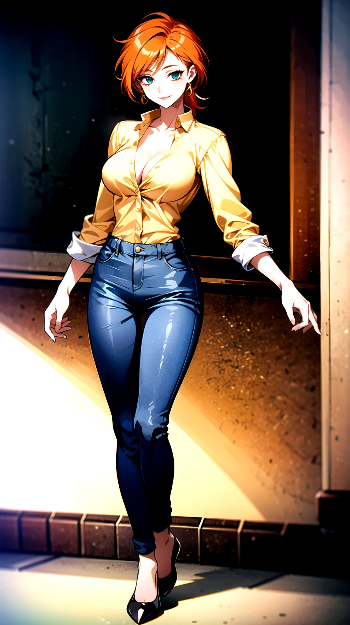 （（super high quality,））（（Ultra-high resolution,））（16K,）（super masterpiece,）（（Ultra HD ,））（Detailed shading,）Full body photo,One sexy woman,high collared white shirt,Long sleeve,Cleavage,Skinny denim pants,smile,