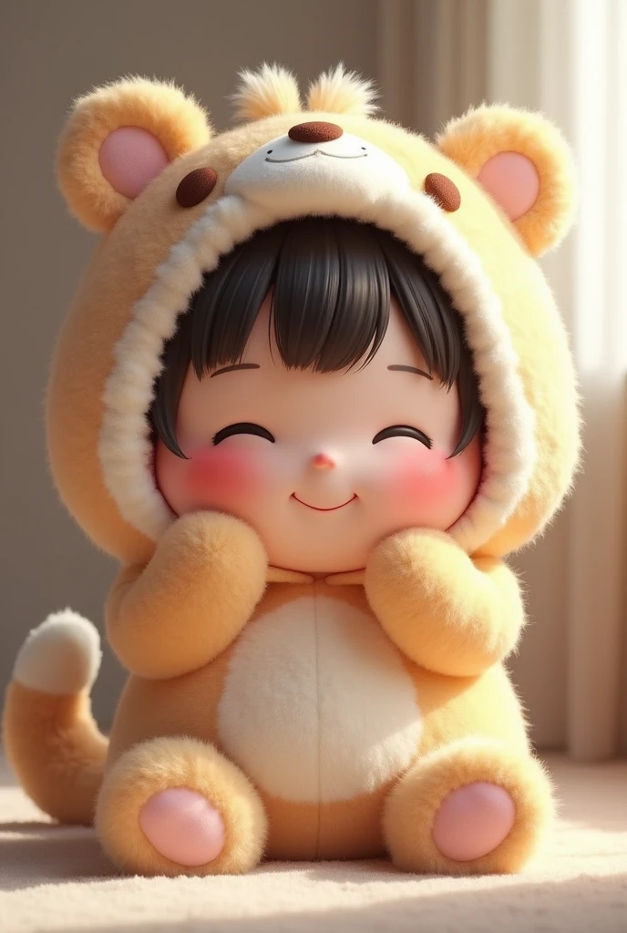 (girl),(()) ,3d images ,Highest quality 8K ,Chubby body shape,((Very fat)),Pink cheeks,podgy,Good mood,((peek)),((Hide)),((Open your eyes.)),Put on a stuffed animal costume,Balanced lighting,blurred background,Middle of the picture